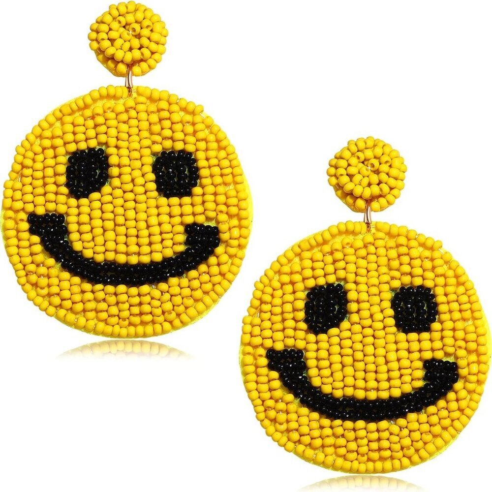 Beaded Smile Statement Drop Earrings - Cute Happy Face Dangle Fun Summer Jewelry